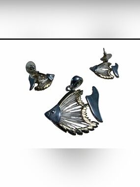 Silver Fish Tail Pendant and Earrings Set - Silver & Gold Tones